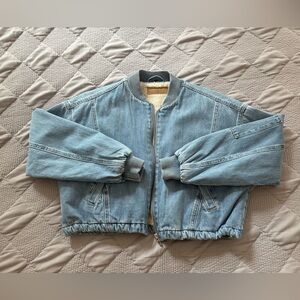 Sherpa Lined Denim Cropped Bomber Jacket